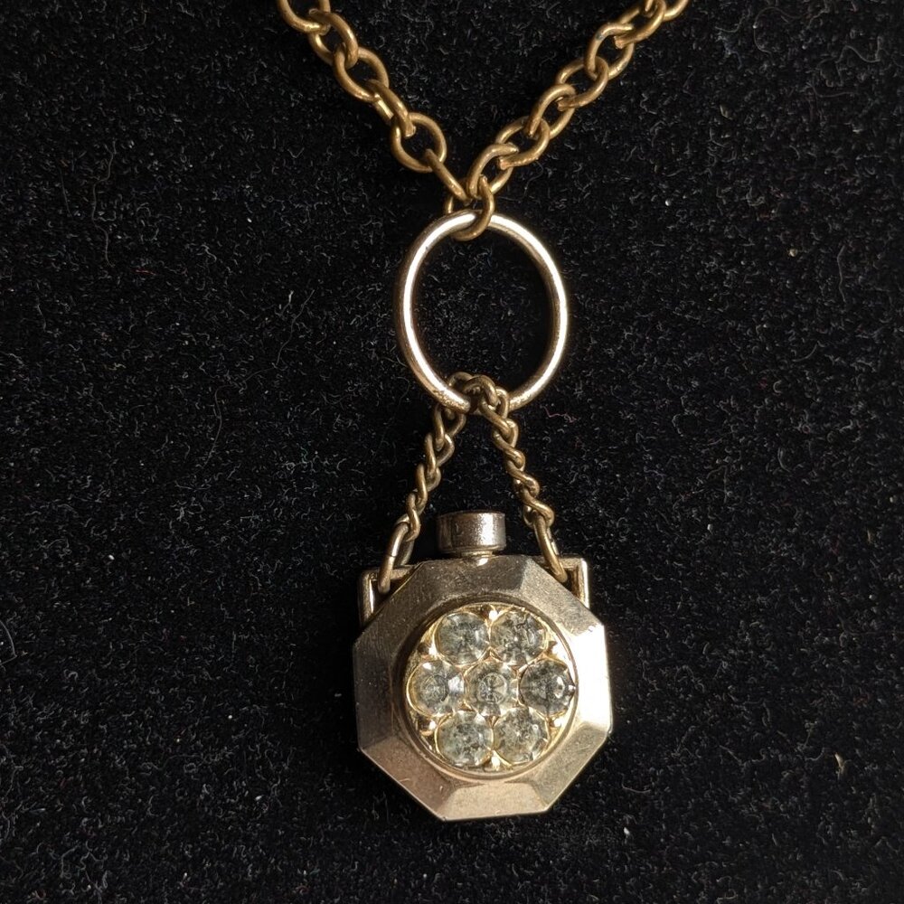 Vintage Gold Tone Chain Link Rhinestone Perfume Bottle Charm Necklace